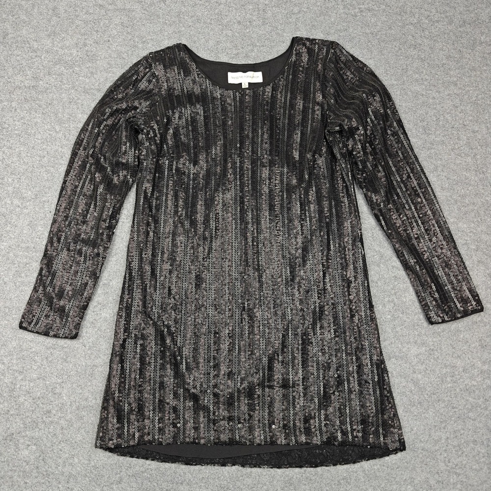Dress The Population Dress Womens L Black Sequin Stripe Shift Long Sleeve Party
